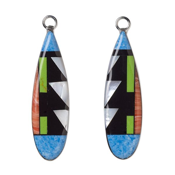 Focal, mother-of-pearl shell / resin / stainless steel, multicolored, 33x10mm-35x10mm single-sided left- and right-facing flat teardrop. Sold per pkg of 2. image number 0
