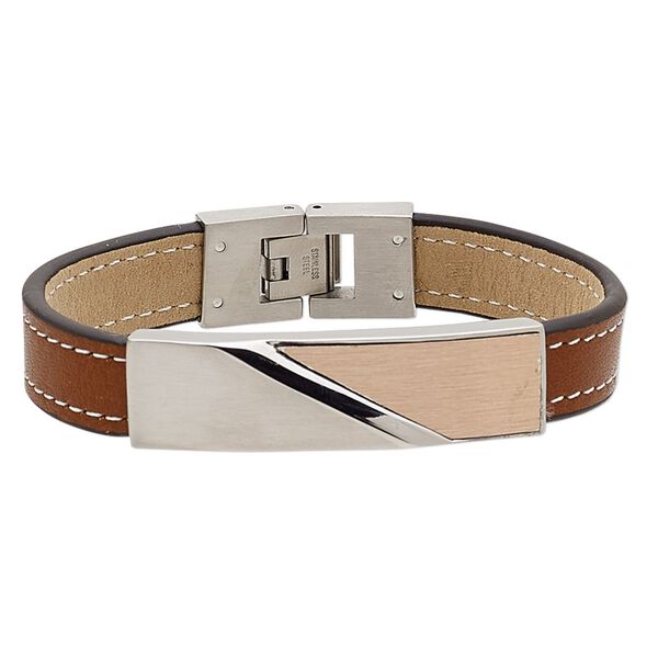 Bracelet, leather (dyed) with stainless steel and antiqued copper, light brown and white, 13mm wide with brushed design and 45x13mm curved rectangle, 6-1/2 inches with fold-over clasp. Sold individually. image number 0