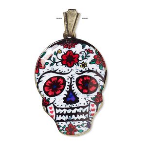 Pendant, resin and gold-finished brass, red / white / multicolored, 30x22mm Dia de los Muertos skull with flower pattern and open bail. Sold individually.