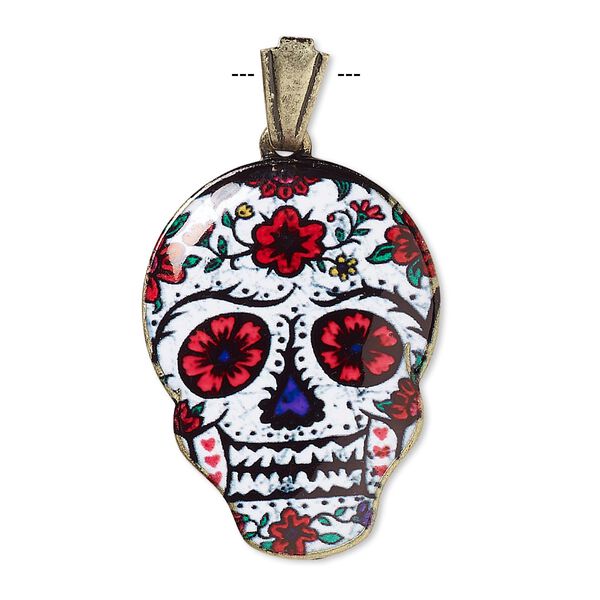 Pendant, resin and gold-finished brass, red / white / multicolored, 30x22mm Dia de los Muertos skull with flower pattern and open bail. Sold individually. image number 0