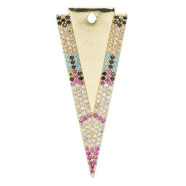 Focal, cubic zirconia and gold-finished brass, multicolored, 41x17.5mm single-sided arrowhead. Sold individually. image number 0