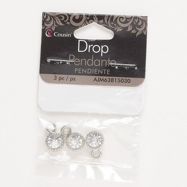 Drop, silver-finished "pewter" (zinc-based alloy) and glass, clear, 8.5mm single-sided corrugated round. Sold per pkg of 3. image number 0