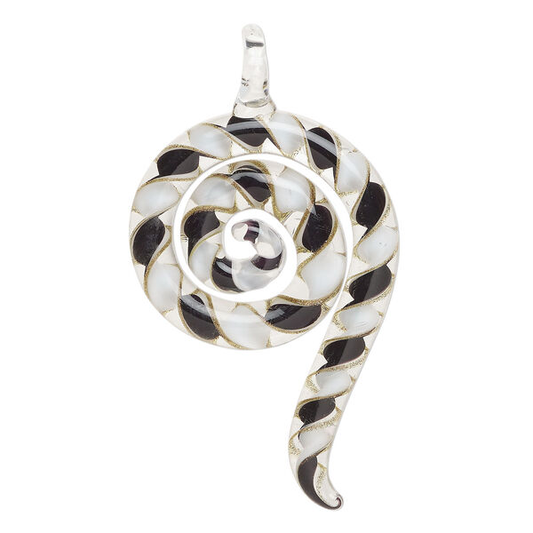Focal, lampworked glass 1pkg1, opaque black / clear / white with copper-colored glitter, 3x1.5 inch swirl. image number 0