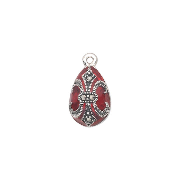 Drop, sterling silver with marcasite and enamel, red, 15x10mm teardrop with fleur-de-lis design. Sold individually. image number 0