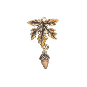 Charm, gold-finished "pewter" (zinc-based alloy) and enamel, brown and orange, 26x16mm single-sided leaf with dangling acorn. Sold individually.