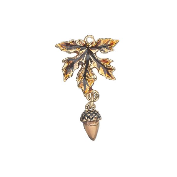 Charm, gold-finished "pewter" (zinc-based alloy) and enamel, brown and orange, 26x16mm single-sided leaf with dangling acorn. Sold individually. image number 0