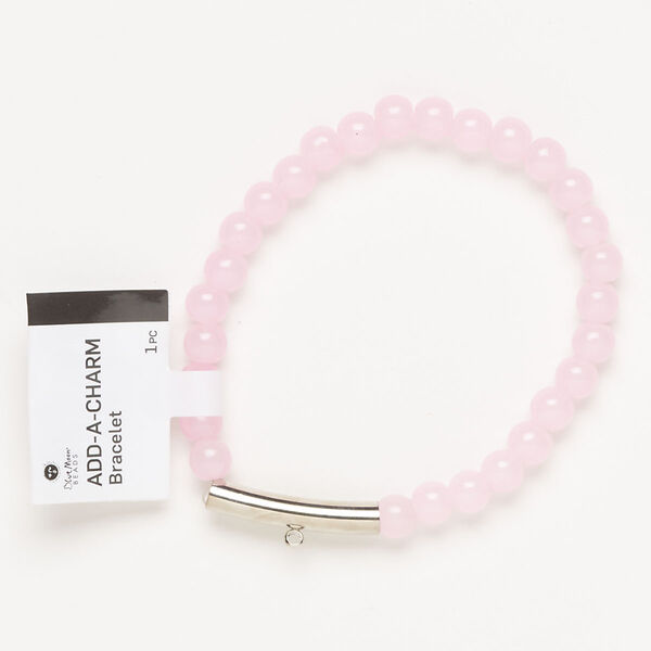 Bracelet, stretch, silver-finished brass and glass, pink, 6mm round and 25x5m round tube with bottom loop, 6-1/2 inches. Sold individually. image number 0