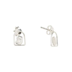 Earstud, Create Compliments®, sterling silver, 9x7.5mm bird in cage. Sold per pair.
