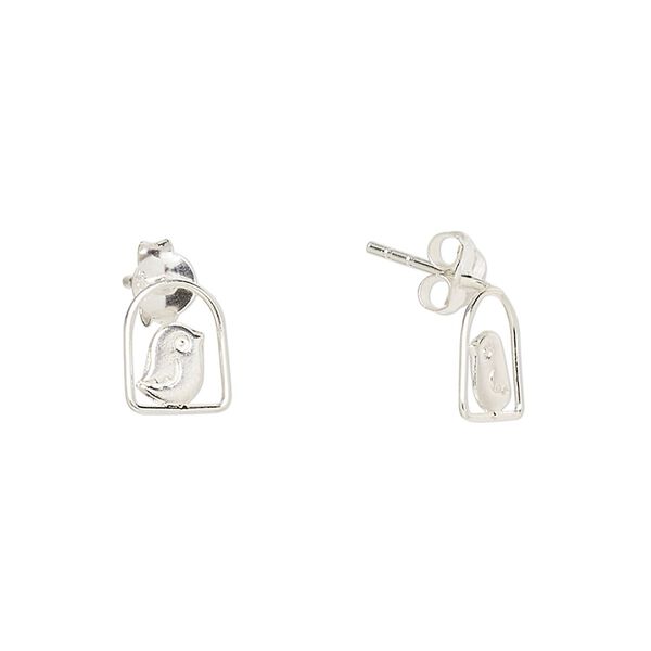 Earstud, Create Compliments®, sterling silver, 9x7.5mm bird in cage. Sold per pair. image number 0