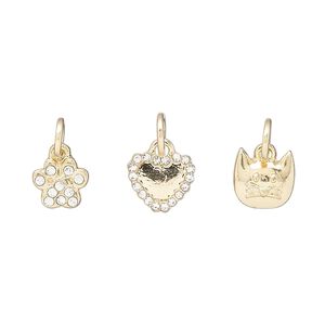 Charm assortment, gold-finished "pewter" (zinc-based alloy) and glass rhinestone, clear, 9x8mm heart / 8x8mm cat face / 8x7mm paw print. Sold per 3-piece set.