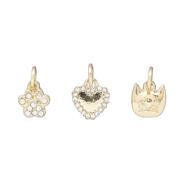 Charm assortment, gold-finished "pewter" (zinc-based alloy) and glass rhinestone, clear, 9x8mm heart / 8x8mm cat face / 8x7mm paw print. Sold per 3-piece set. image number 0