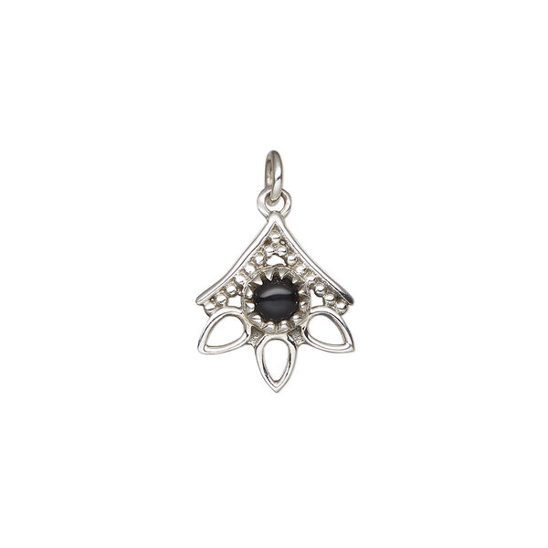 Drop, antiqued sterling silver and black onyx (dyed), 14x12.5mm single-sided beaded open 3-teardrop. Sold individually. image number 0