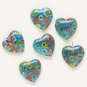 Bead, millefiori glass, translucent aqua and  multicolored, 16-18mm half-drilled puffed heart. Sold per pkg of 6.