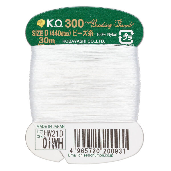 Thread, K.O., waxed nylon, white, 0.15mm diameter, 4-pound test. Sold per 33 yard card. image number 0