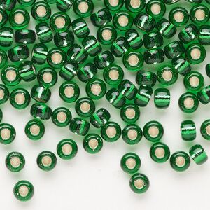 Seed bead, Miyuki, glass, pkg/250g, #6 rocaille, transparent silver-lined green, (RR-146S).
