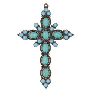 Focal, antique brass-finished "pewter" (zinc-based alloy), "turquoise" (imitation) resin and glass, turquoise blue, 2-3/4x2-inch single-sided cross. Sold individually.