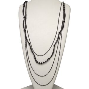 Necklace, multi-strand, glass / plastic / gunmetal-finished steel, black, round and faceted rondelle, 30 inches with a 42-inch drape and lobster claw clasp. Sold individually.