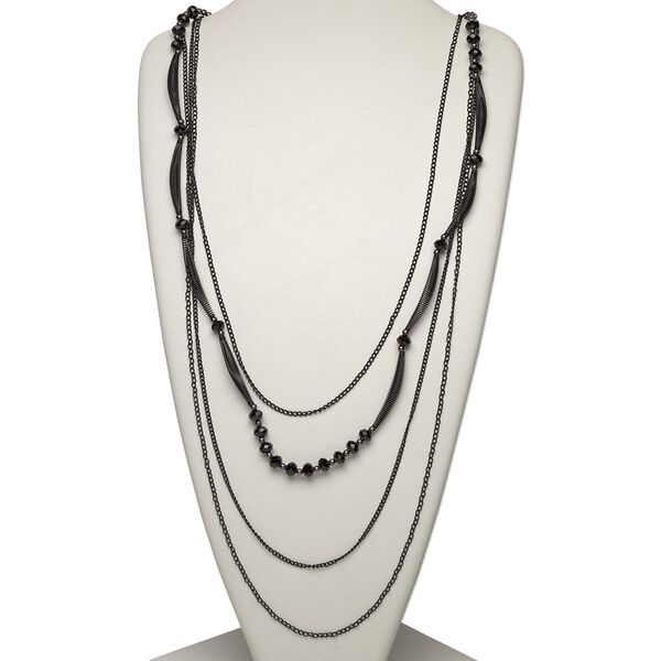 Necklace, multi-strand, glass / plastic / gunmetal-finished steel, black, round and faceted rondelle, 30 inches with a 42-inch drape and lobster claw clasp. Sold individually. image number 0