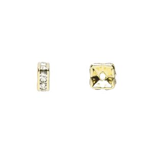 Bead, glass rhinestone and gold-finished brass, clear, 6x3mm squaredelle. Sold per pkg of 10.
