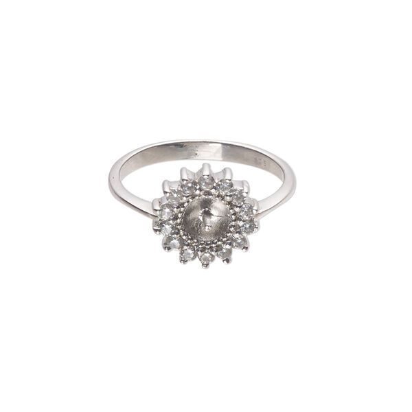 Ring, cubic zirconia and rhodium-plated sterling silver, clear, 2.5mm band with 11mm flower with 2mm peg, fits 6mm half-drilled bead, size 7. Sold individually. image number 0