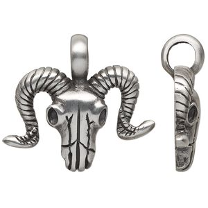 Pendant, antiqued pewter (tin-based alloy), 37x34mm single-sided ram skull. Sold individually.