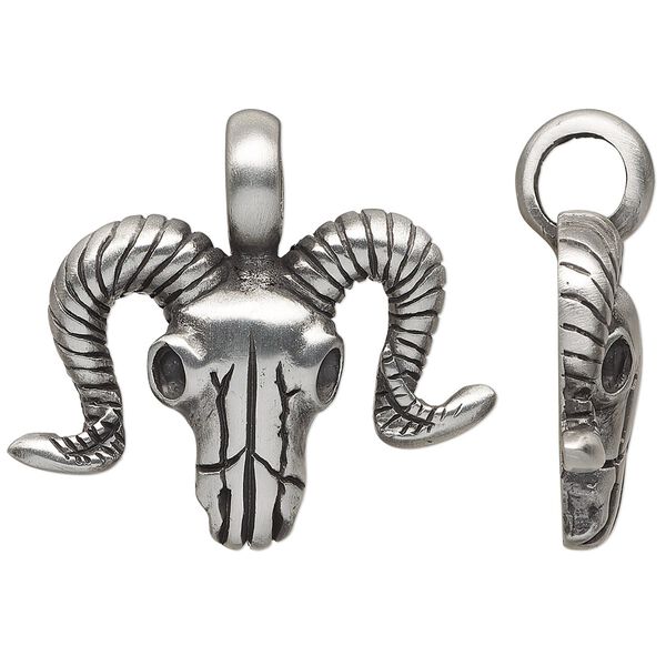 Pendant, antiqued pewter (tin-based alloy), 37x34mm single-sided ram skull. Sold individually. image number 0