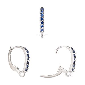 Ear wire leverback 1pkg2 sterling silver / cubic zirconia, 16mm / closed loop, blue 1 pair
