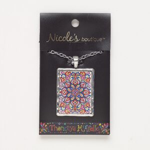 Necklace, resin / antique silver-finished "pewter" (zinc-based alloy) / silver-finished steel, multicolored, 37x29mm rectangle with petal design, 23 inches with lobster claw clasp. Sold individually.