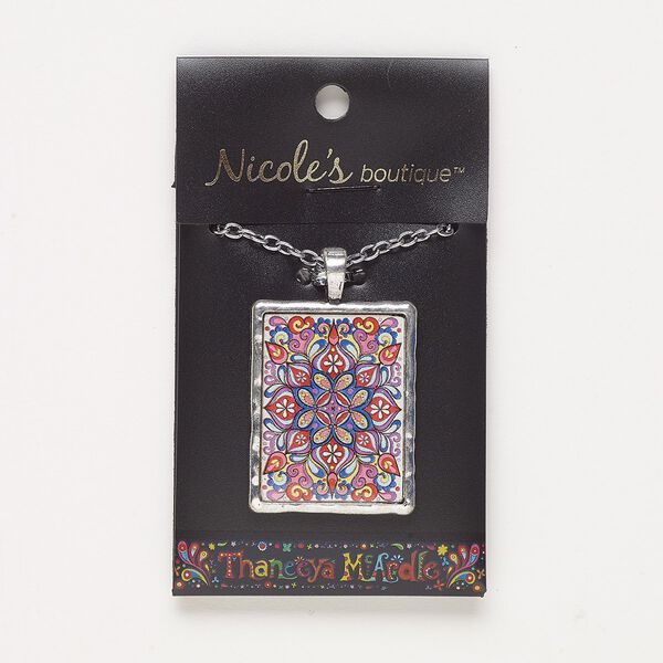 Necklace, resin / antique silver-finished "pewter" (zinc-based alloy) / silver-finished steel, multicolored, 37x29mm rectangle with petal design, 23 inches with lobster claw clasp. Sold individually. image number 0