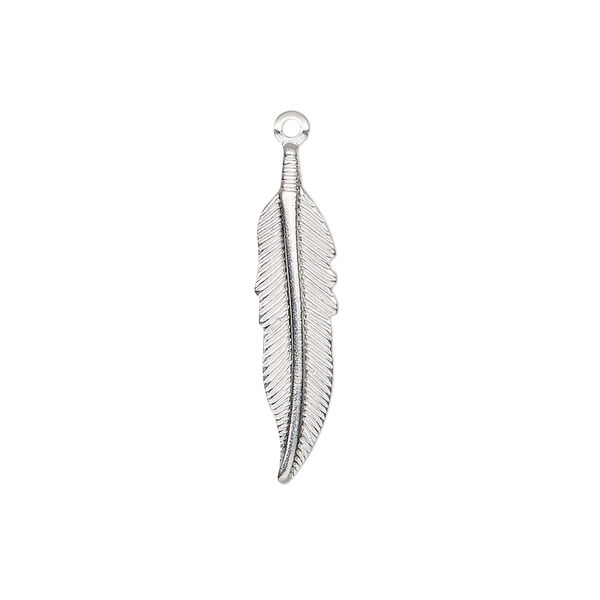 Charm, silver-plated brass, stamped, 25x6mm single-sided feather. Sold per pkg of 100. image number 0