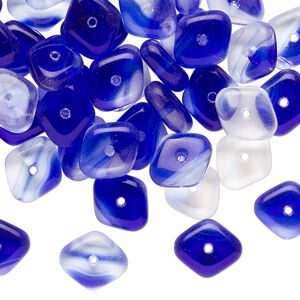 Bead, Czech pressed glass, translucent and transparent cobalt blue and clear, 10x9mm diamond rondelle. Sold per 1-ounce pkg, approximately 60 beads.