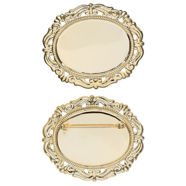 Pin back, gold-plated brass, 55x46mm filigree oval with 40x30mm cabochon setting. Sold individually. image number 0