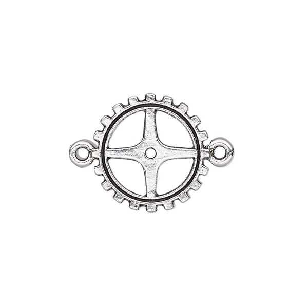 Link, antique silver-plated pewter (tin-based alloy), 18x18mm double-sided gear. Sold individually. image number 0