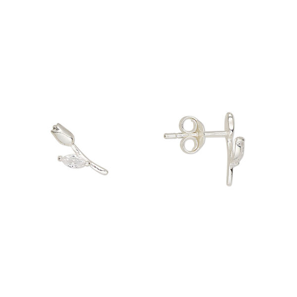 Earstud sterling silver / cubic zirconia 1pkg2, 10.5x4.5mm right- and left-facing rose / earnuts included, Create Compliments® clear 1 pair image number 0