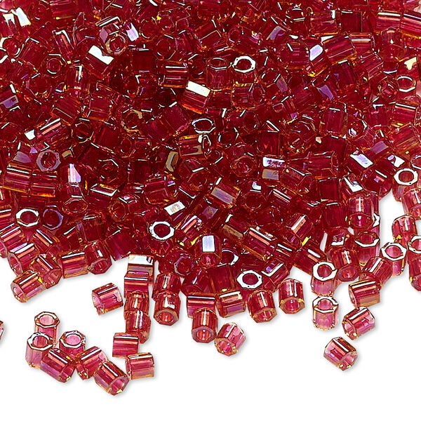 Seed bead, Delica®, glass, pkg/7.5g, #8 cut, translucent light cranberry-lined luster topaz (DBLC-0062). image number 0