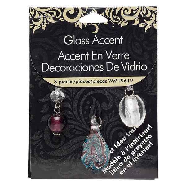 Focal and drop, glass / lampworked glass / silver-finished "pewter" (zinc-based alloy), multicolored with silver-colored foil, 19x13mm-21x14mm oval / 23x11mm / 29x16mm-30x37mm spoon. Sold per pkg of 3. image number 0