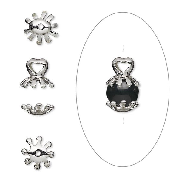 Bead cap, antique silver-plated bronze, 15x8mm with 8x7mm heart and 7.5x7.5mm bottom cap, fits 8-10mm bead. Sold per 2-piece set. image number 0