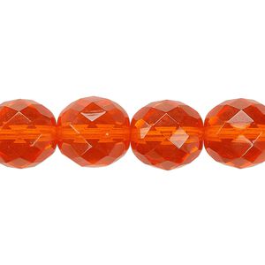 Bead, Czech fire-polished glass, pkg/15-1/2 to 16 inches, 12mm faceted round, transparent orange, (90020).