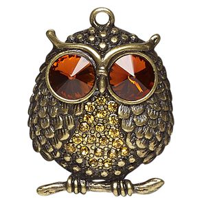 Focal, glass rhinestone and antiqued brass-finished "pewter" (zinc-based alloy), orange and golden yellow, 38x33mm owl. Sold individually.