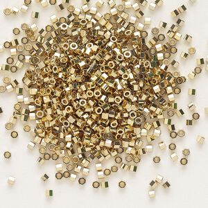 Seed bead, Delica®, glass, pkg/250g, #11 cut, opaque 24Kt gold-plated light (DBC-0034).