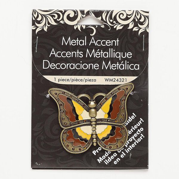 Focal, enamel / glass rhinestone / antiqued brass-finished "pewter" (zinc-based alloy), multicolored, 51x40mm butterfly with 2 hidden loops. Sold individually. image number 0