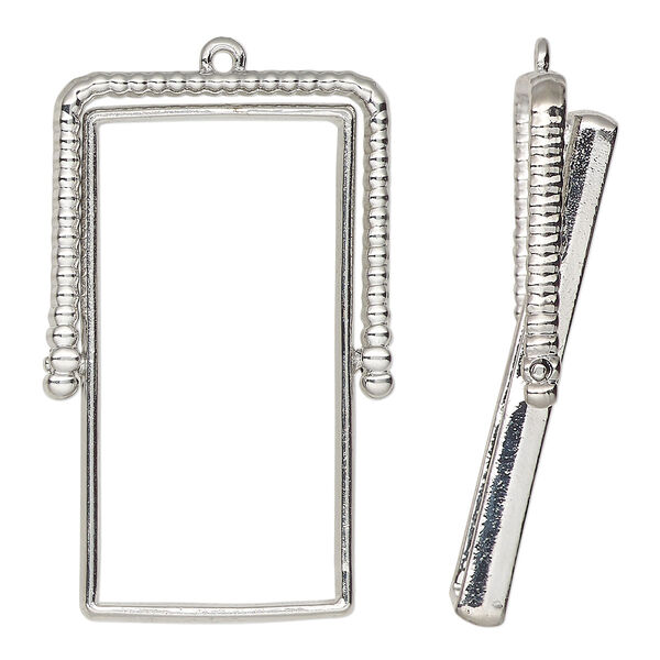 Focal, silver-finished "pewter" (zinc-based alloy), 44x28mm open rectangle with rotating center and beaded top. Sold per pkg of 2. image number 0