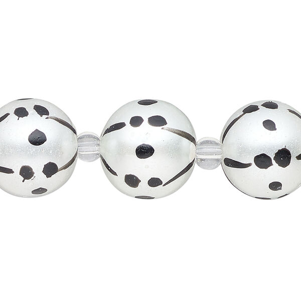 Bead, glass 1pkg8, opaque black and white, 14mm hand-painted round. image number 0