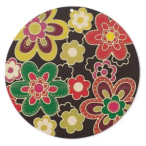 Focal, Lazer Lace™, color film and gold-finished brass, multicolored, 47mm single-sided round with floral design. Sold per pkg of 2.