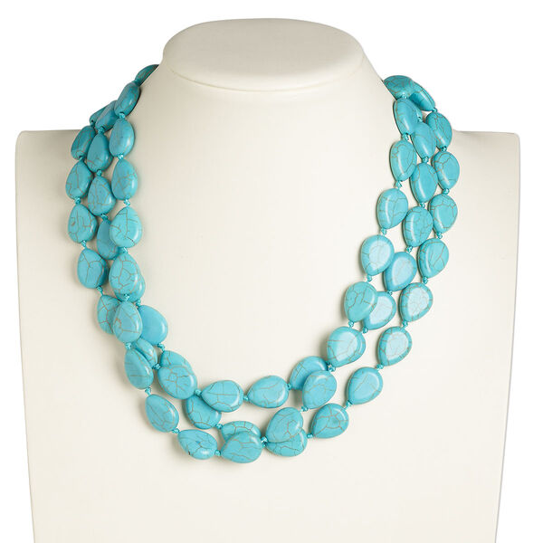 Necklace, 3-strand, magnesite (dyed / stabilized) and silver-finished brass, blue, 20x15mm teardrop, 19 inches with 2-inch extender chain and lobster claw clasp, Mohs hardness 3-1/2 to 4. Sold individually. image number 0