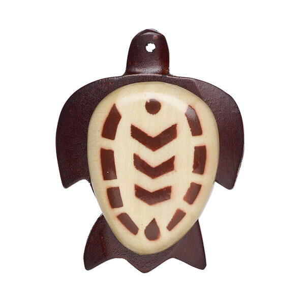 Focal, wood, light brown and dark brown, 56x45mm turtle with painted chevron design. Sold per pkg of 2. image number 0