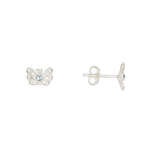Earstud sterling silver / Preciosa crystal 1pkg2, 8x5mm butterfly / earnuts included, Create Compliments® aqua blue 1 pair