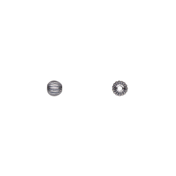 Bead, antiqued sterling silver, 4mm seamless corrugated round. Sold per pkg of 50. image number 0