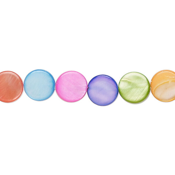 Bead, freshwater pearl shell (dyed), mixed colors, 8mm flat round, Mohs hardness 3-1/2. Sold per 15-1/2" to 16" strand. image number 0