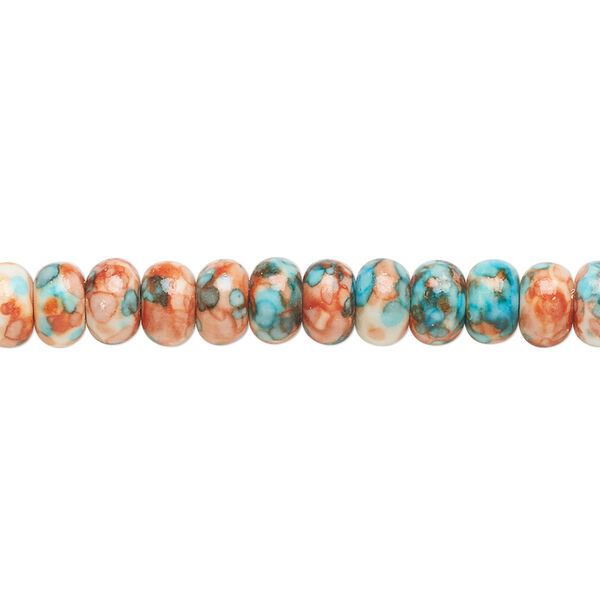 Bead, resin and painted ceramic, orange / blue / white, 6x4mm rondelle. Sold per 15-1/2" to 16" strand. image number 0